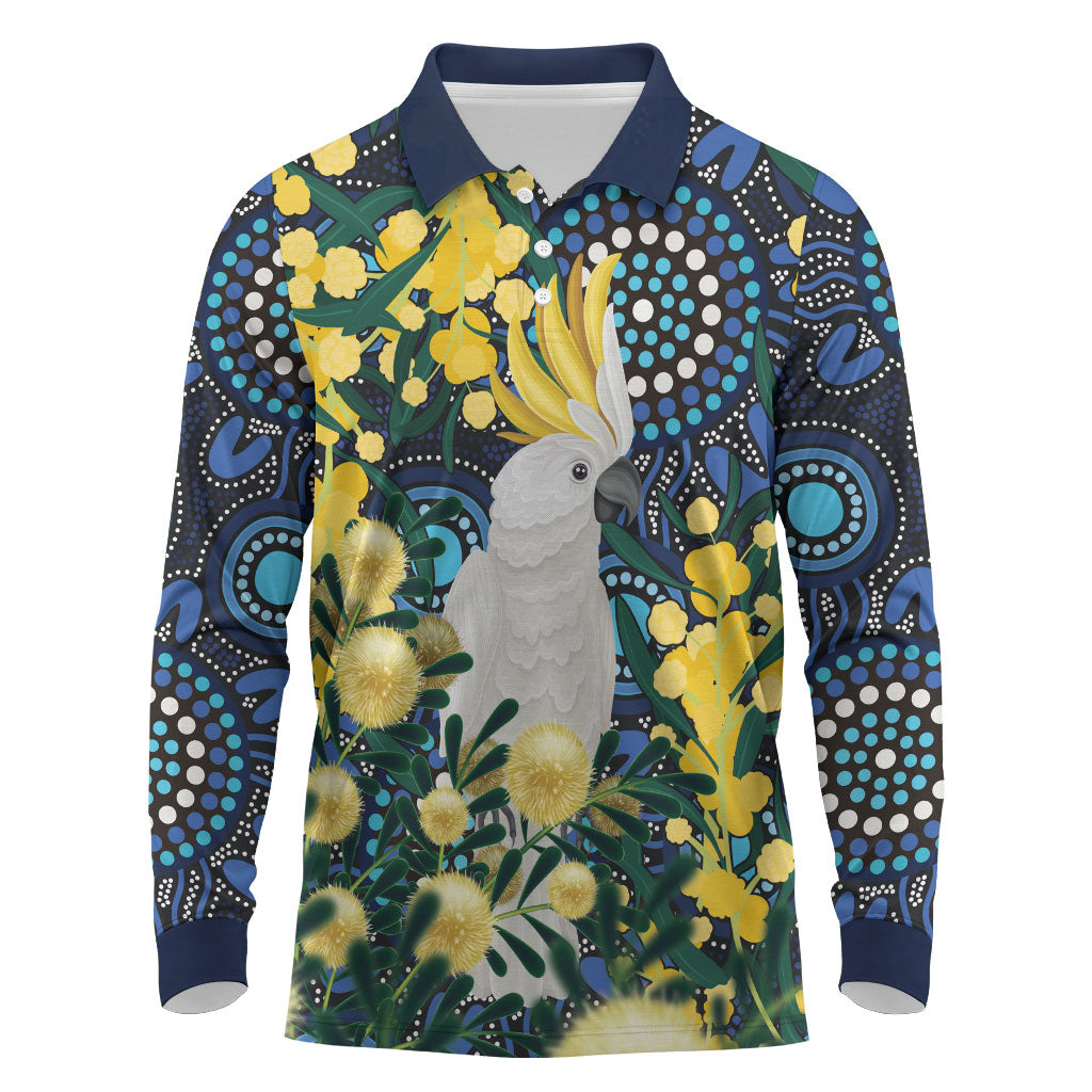 Australia Golden Wattle Long Sleeve Polo Shirt Aussie Cockatoo Aboriginal Art