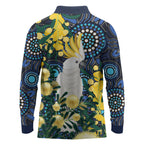 Australia Golden Wattle Long Sleeve Polo Shirt Aussie Cockatoo Aboriginal Art
