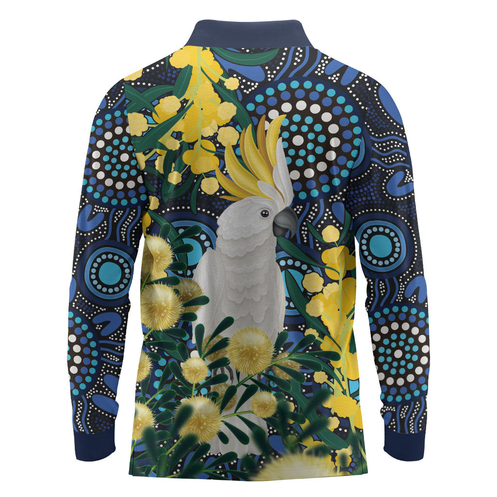Australia Golden Wattle Long Sleeve Polo Shirt Aussie Cockatoo Aboriginal Art