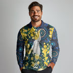 Australia Golden Wattle Long Sleeve Polo Shirt Aussie Cockatoo Aboriginal Art