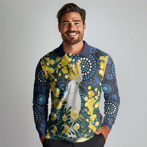 Australia Golden Wattle Long Sleeve Polo Shirt Aussie Cockatoo Aboriginal Art