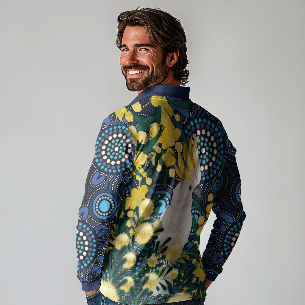 Australia Golden Wattle Long Sleeve Polo Shirt Aussie Cockatoo Aboriginal Art