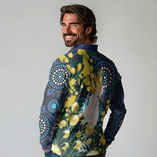 Australia Golden Wattle Long Sleeve Polo Shirt Aussie Cockatoo Aboriginal Art