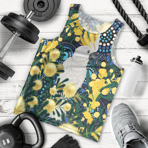 Australia Golden Wattle Men Tank Top Aussie Cockatoo Aboriginal Art