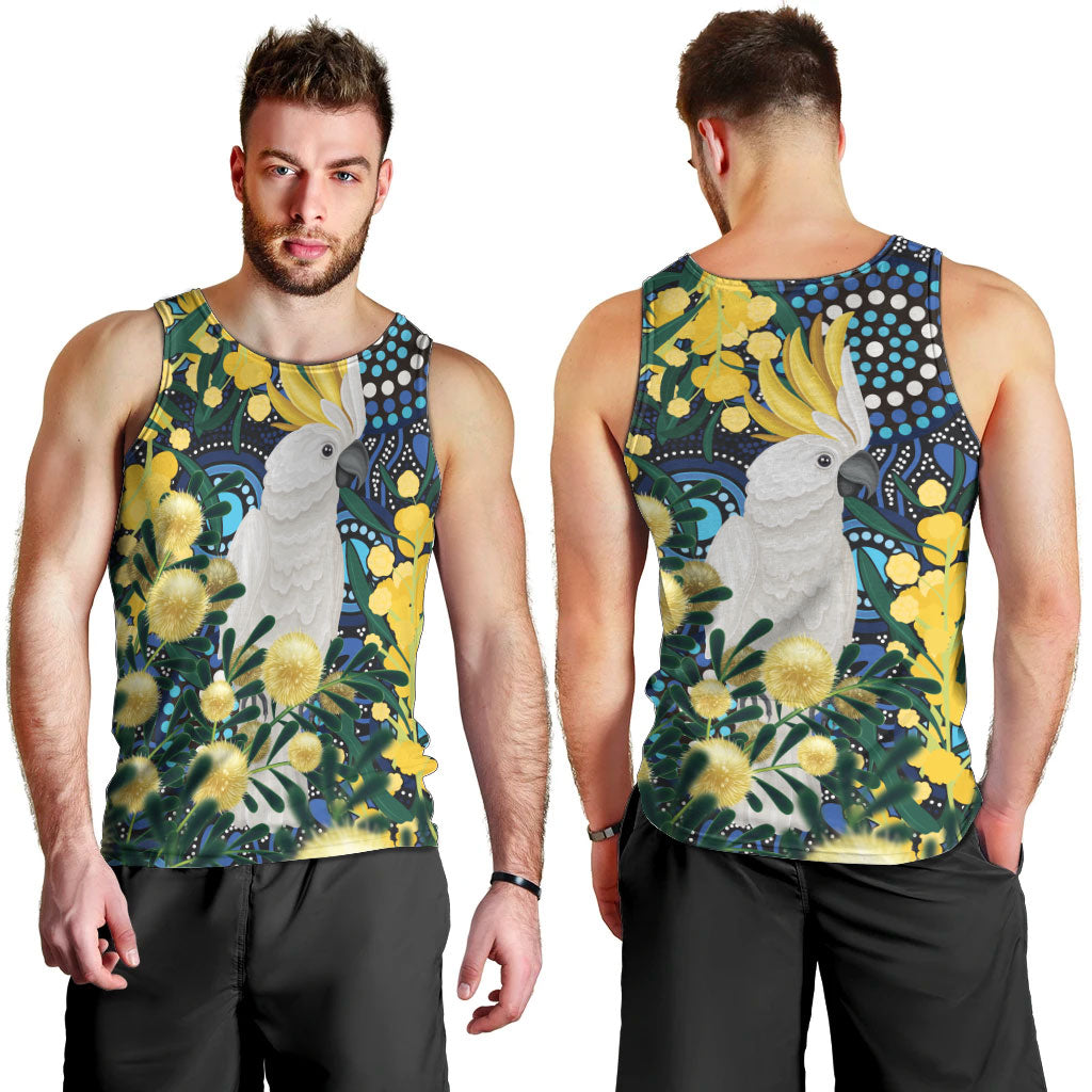 Australia Golden Wattle Men Tank Top Aussie Cockatoo Aboriginal Art