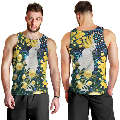 Australia Golden Wattle Men Tank Top Aussie Cockatoo Aboriginal Art