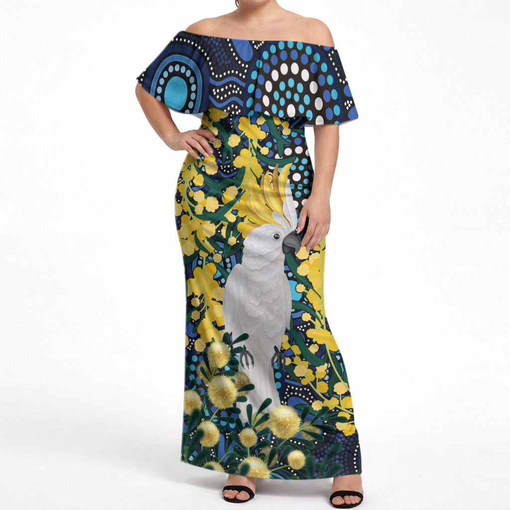 Australia Golden Wattle Off Shoulder Maxi Dress Aussie Cockatoo Aboriginal Art