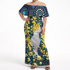 Australia Golden Wattle Off Shoulder Maxi Dress Aussie Cockatoo Aboriginal Art