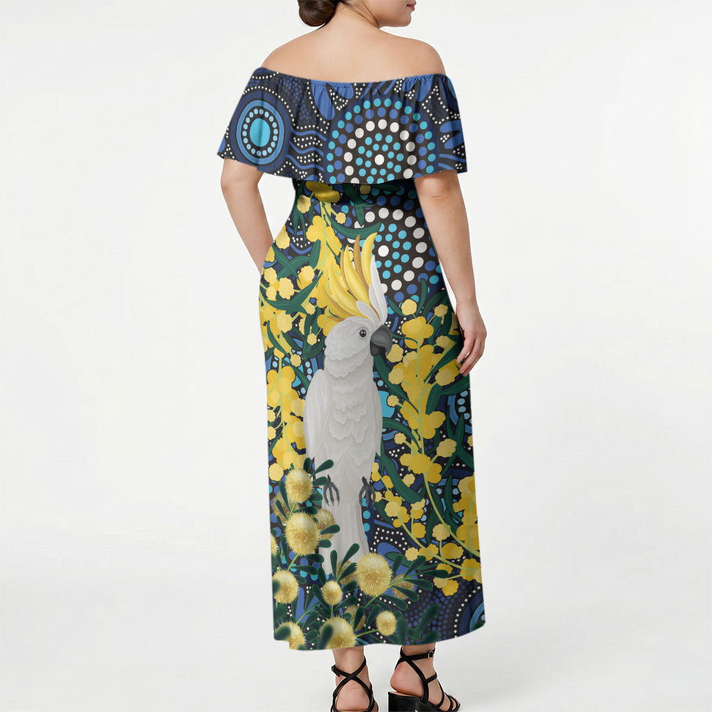 Australia Golden Wattle Off Shoulder Maxi Dress Aussie Cockatoo Aboriginal Art