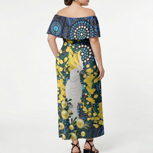 Australia Golden Wattle Off Shoulder Maxi Dress Aussie Cockatoo Aboriginal Art