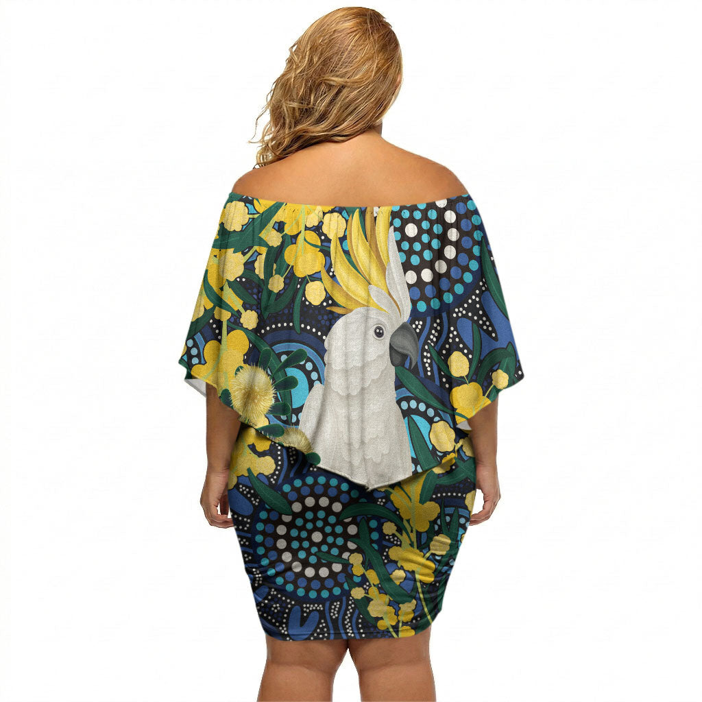 Australia Golden Wattle Off Shoulder Short Dress Aussie Cockatoo Aboriginal Art