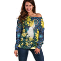 Australia Golden Wattle Off Shoulder Sweater Aussie Cockatoo Aboriginal Art