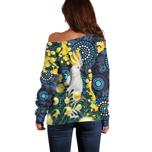 Australia Golden Wattle Off Shoulder Sweater Aussie Cockatoo Aboriginal Art