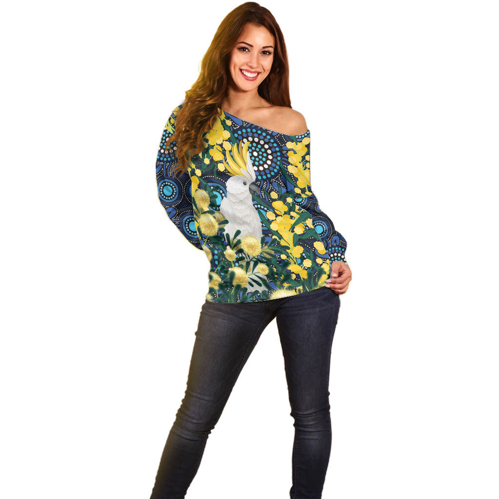 Australia Golden Wattle Off Shoulder Sweater Aussie Cockatoo Aboriginal Art