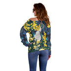 Australia Golden Wattle Off Shoulder Sweater Aussie Cockatoo Aboriginal Art