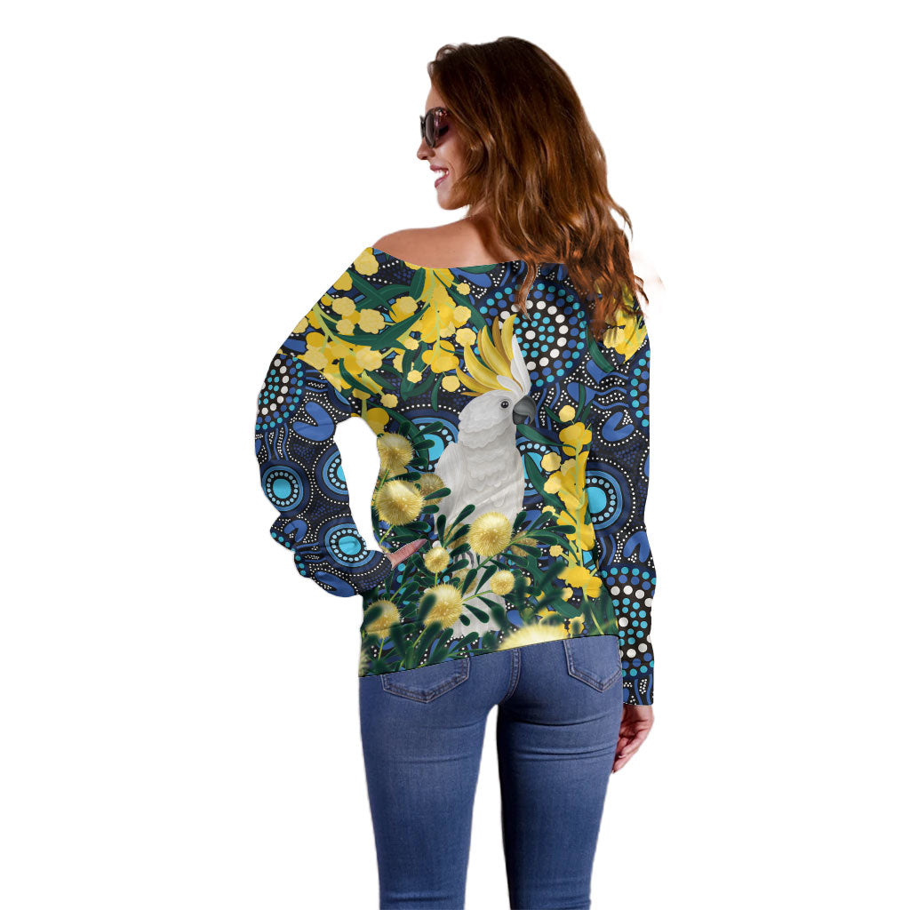 Australia Golden Wattle Off Shoulder Sweater Aussie Cockatoo Aboriginal Art