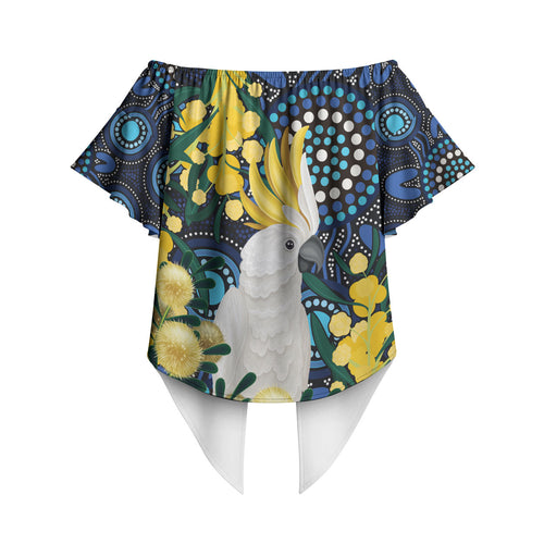 Australia Golden Wattle Off Shoulder Wrap Waist Top Aussie Cockatoo Aboriginal Art