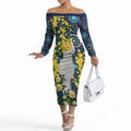 Australia Golden Wattle Off The Shoulder Long Sleeve Dress Aussie Cockatoo Aboriginal Art
