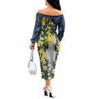 Australia Golden Wattle Off The Shoulder Long Sleeve Dress Aussie Cockatoo Aboriginal Art