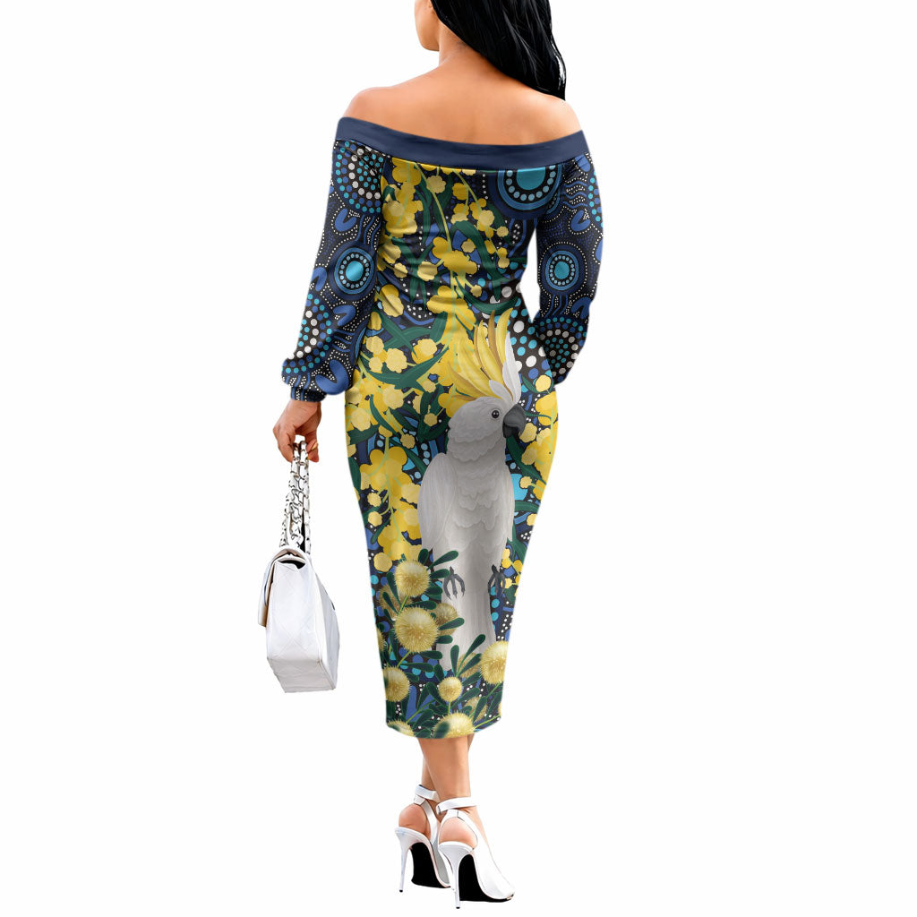 Australia Golden Wattle Off The Shoulder Long Sleeve Dress Aussie Cockatoo Aboriginal Art