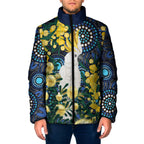 Australia Golden Wattle Padded Jacket Aussie Cockatoo Aboriginal Art