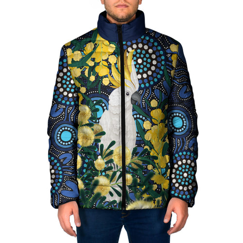 Australia Golden Wattle Padded Jacket Aussie Cockatoo Aboriginal Art