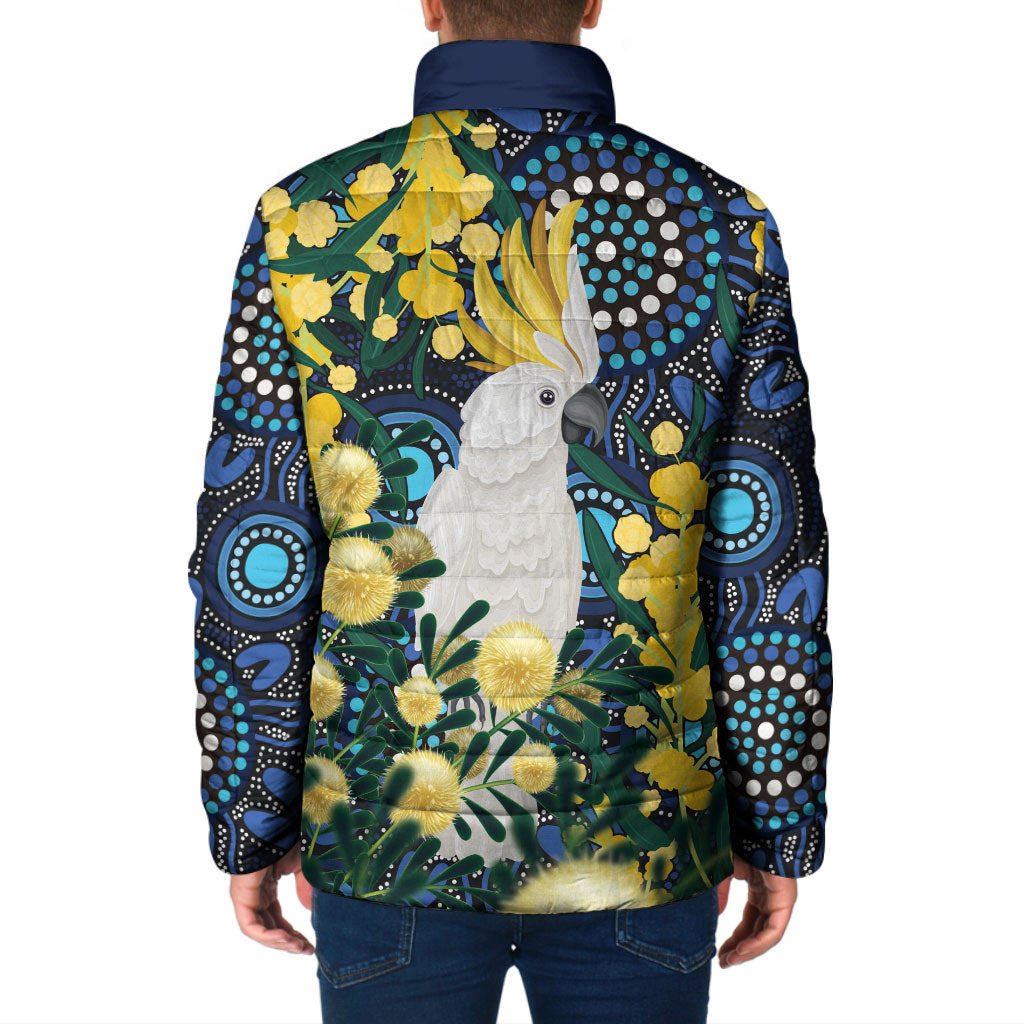Australia Golden Wattle Padded Jacket Aussie Cockatoo Aboriginal Art