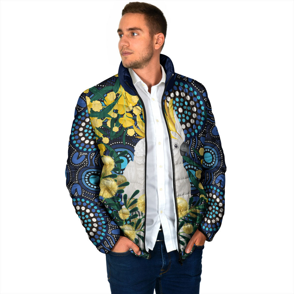 Australia Golden Wattle Padded Jacket Aussie Cockatoo Aboriginal Art