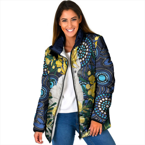 Australia Golden Wattle Padded Jacket Aussie Cockatoo Aboriginal Art