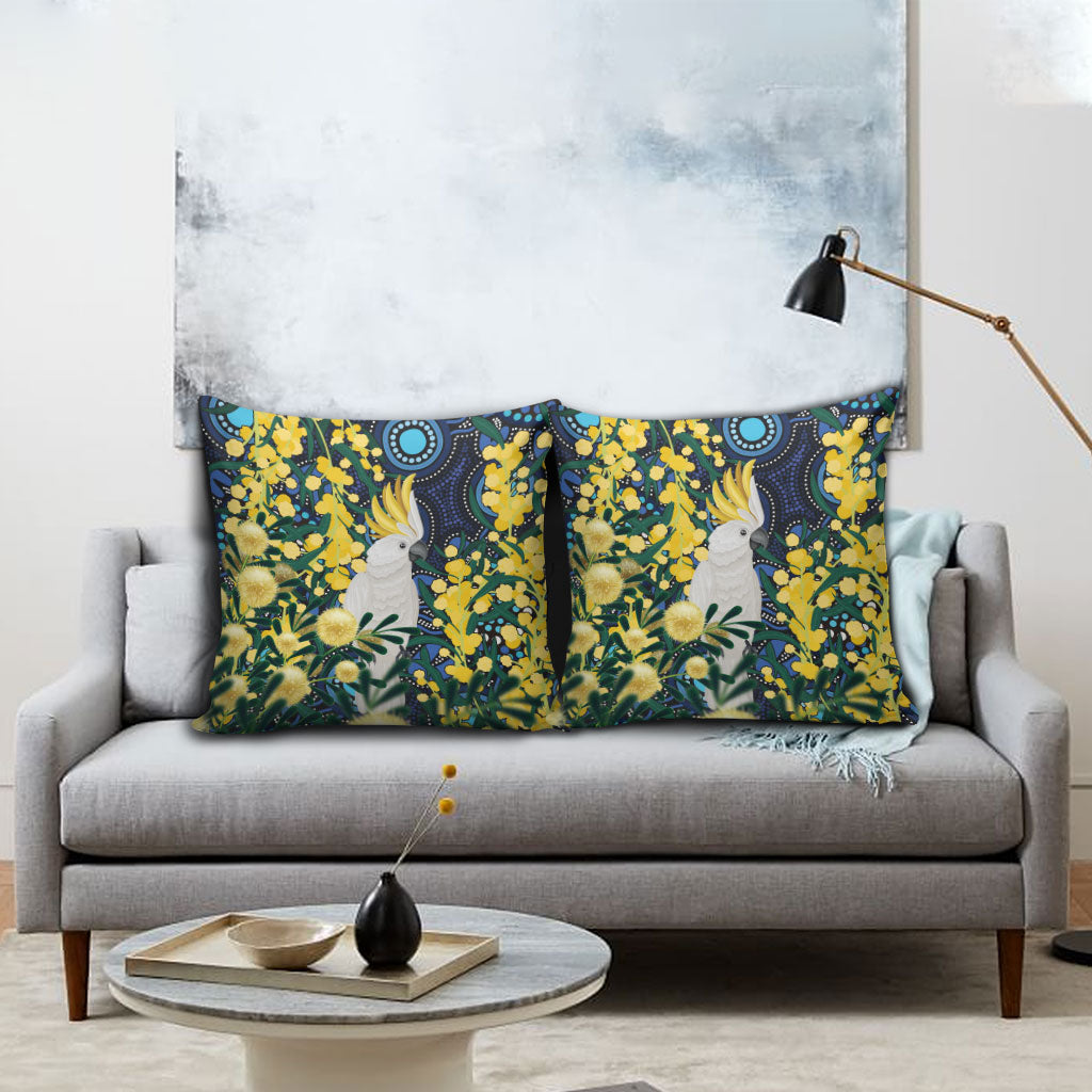 Australia Golden Wattle Pillow Cover Aussie Cockatoo Aboriginal Art