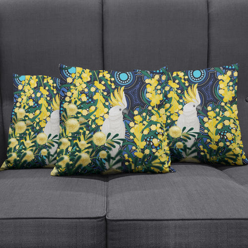 Australia Golden Wattle Pillow Cover Aussie Cockatoo Aboriginal Art