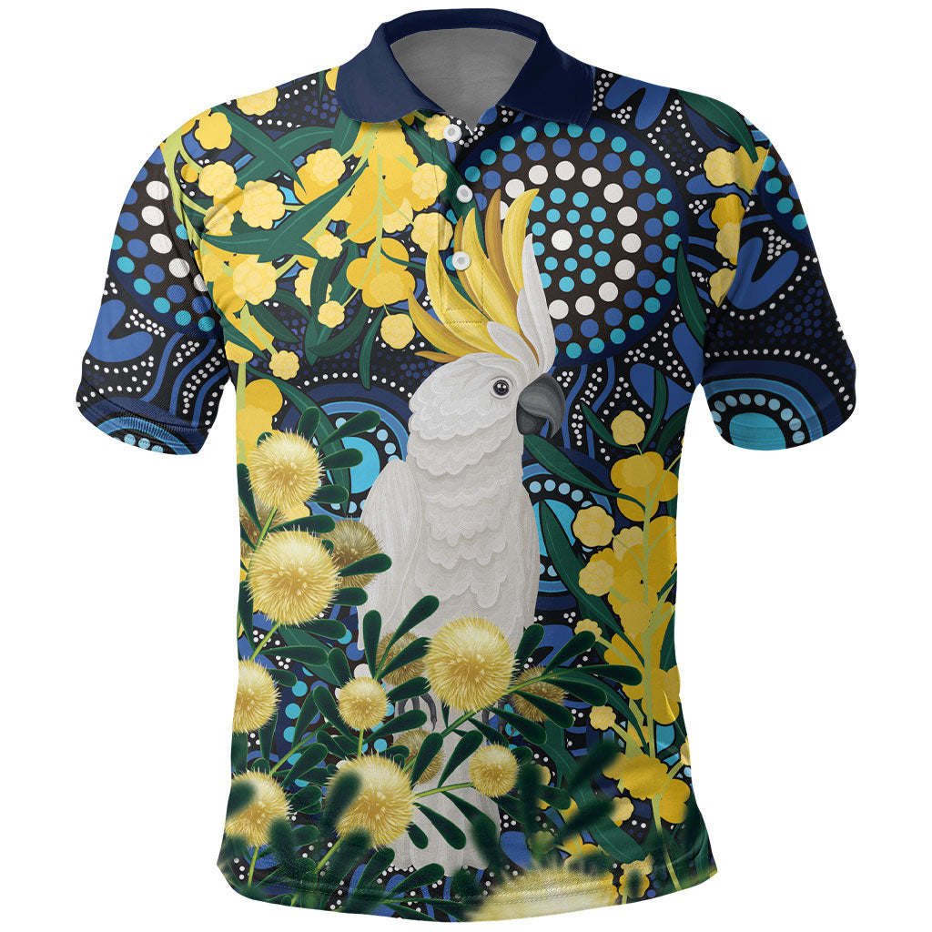 Australia Golden Wattle Polo Shirt Aussie Cockatoo Aboriginal Art