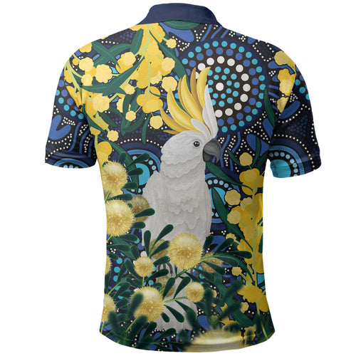 Australia Golden Wattle Polo Shirt Aussie Cockatoo Aboriginal Art