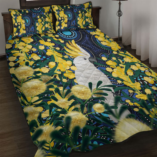 Australia Golden Wattle Quilt Bed Set Aussie Cockatoo Aboriginal Art
