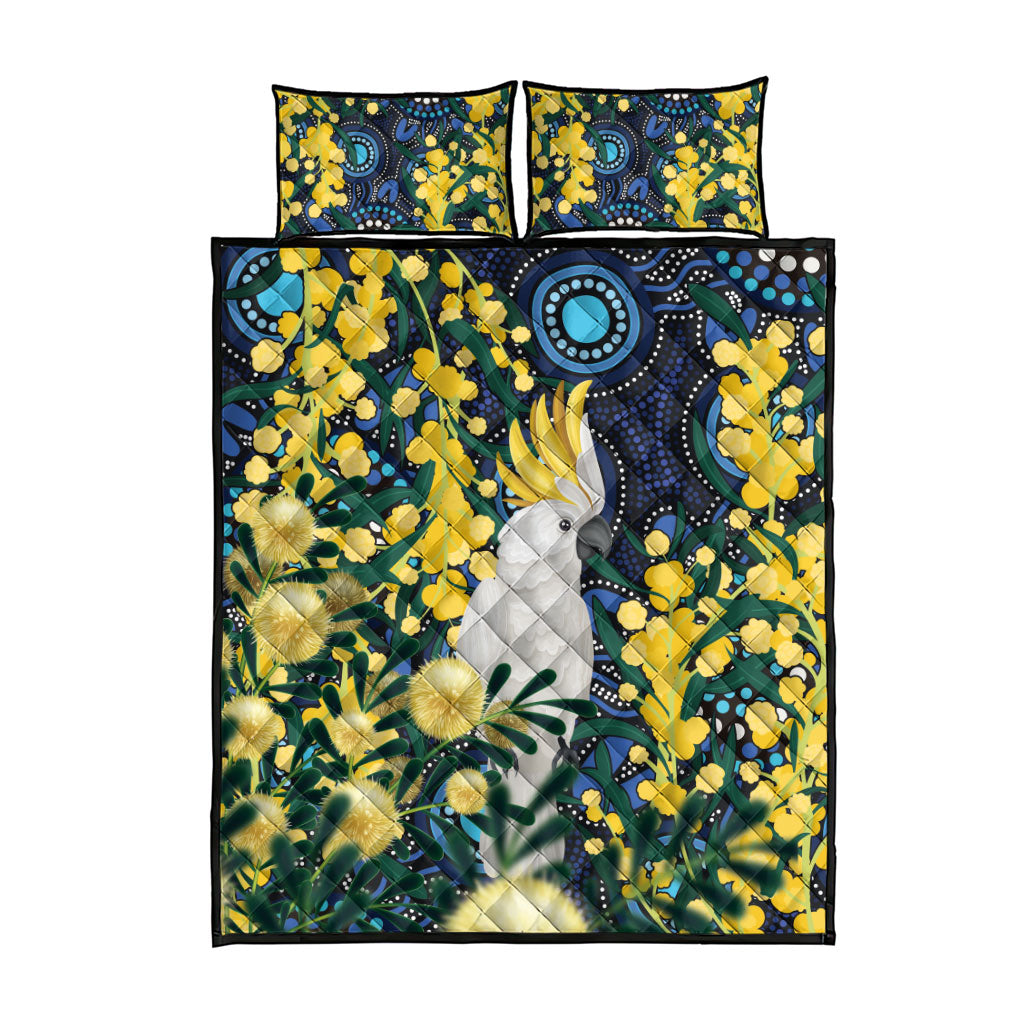 Australia Golden Wattle Quilt Bed Set Aussie Cockatoo Aboriginal Art