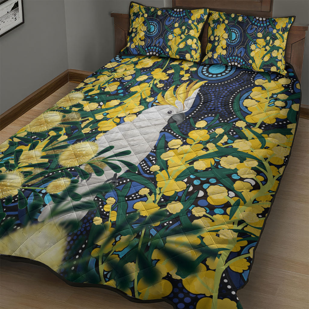 Australia Golden Wattle Quilt Bed Set Aussie Cockatoo Aboriginal Art