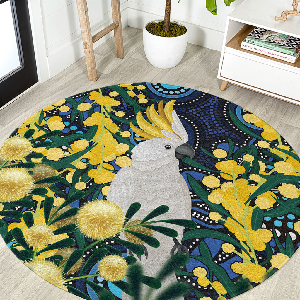 Australia Golden Wattle Round Carpet Aussie Cockatoo Aboriginal Art