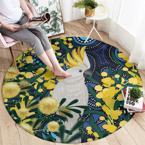 Australia Golden Wattle Round Carpet Aussie Cockatoo Aboriginal Art
