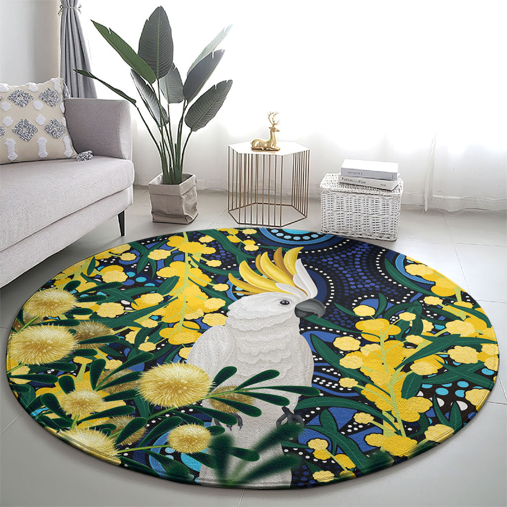 Australia Golden Wattle Round Carpet Aussie Cockatoo Aboriginal Art