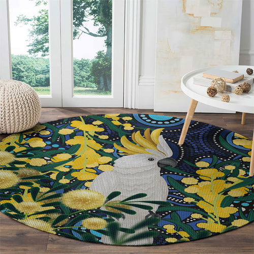 Australia Golden Wattle Round Carpet Aussie Cockatoo Aboriginal Art