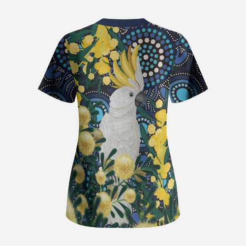 Australia Golden Wattle Scrub Top Aussie Cockatoo Aboriginal Art