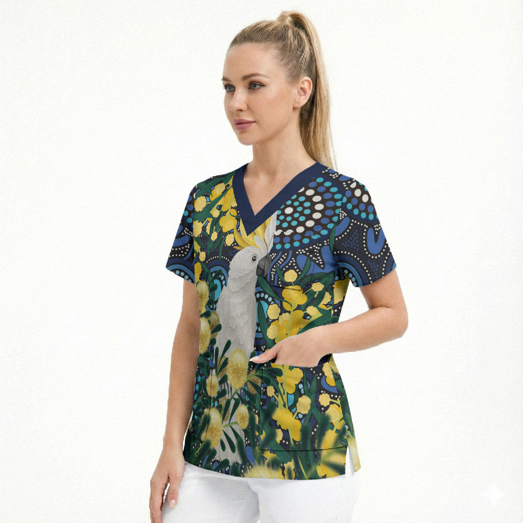 Australia Golden Wattle Scrub Top Aussie Cockatoo Aboriginal Art