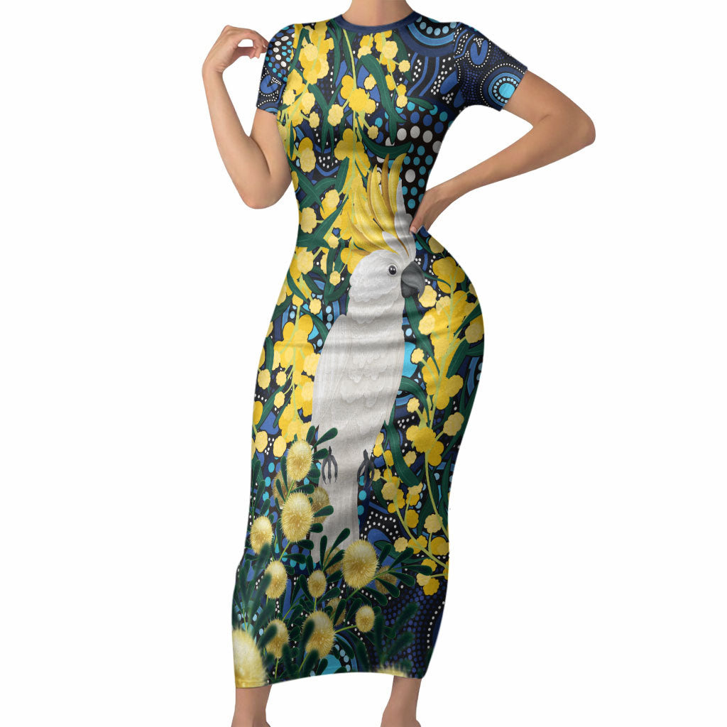 Australia Golden Wattle Short Sleeve Bodycon Dress Aussie Cockatoo Aboriginal Art