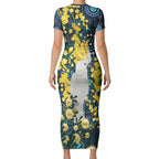 Australia Golden Wattle Short Sleeve Bodycon Dress Aussie Cockatoo Aboriginal Art