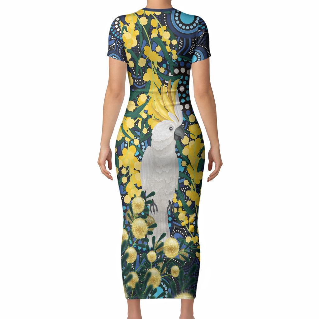 Australia Golden Wattle Short Sleeve Bodycon Dress Aussie Cockatoo Aboriginal Art