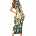 Australia Golden Wattle Short Sleeve Bodycon Dress Aussie Cockatoo Aboriginal Art