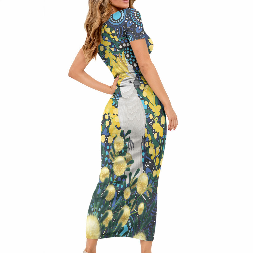 Australia Golden Wattle Short Sleeve Bodycon Dress Aussie Cockatoo Aboriginal Art