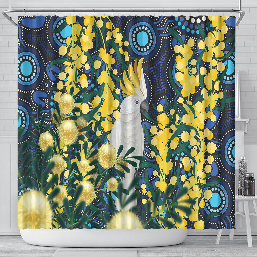 Australia Golden Wattle Shower Curtain Aussie Cockatoo Aboriginal Art
