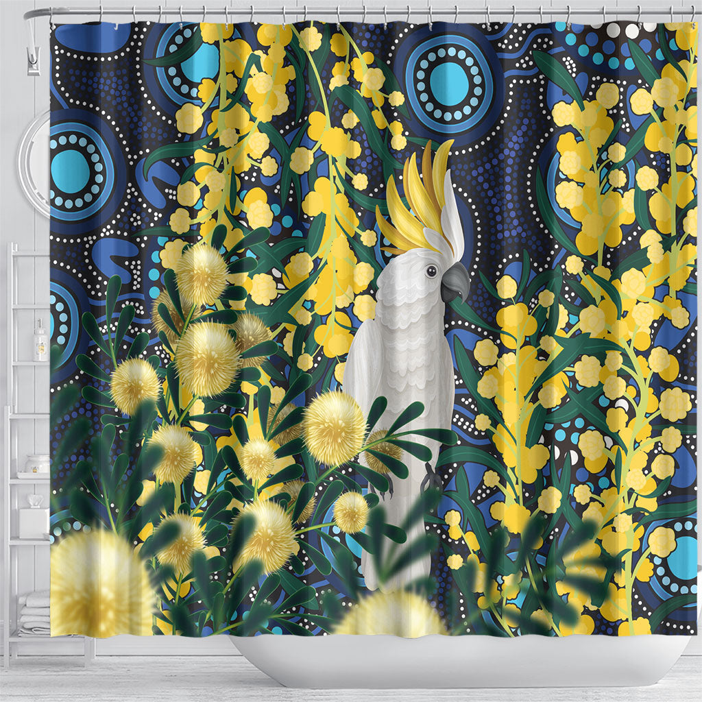 Australia Golden Wattle Shower Curtain Aussie Cockatoo Aboriginal Art