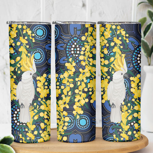 Australia Golden Wattle Skinny Tumbler Aussie Cockatoo Aboriginal Art